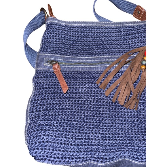 The Sak Crossbody Navy Blue Crochet Tassel Charm Zipper Pocket Bag Purse - Picture 6 of 12